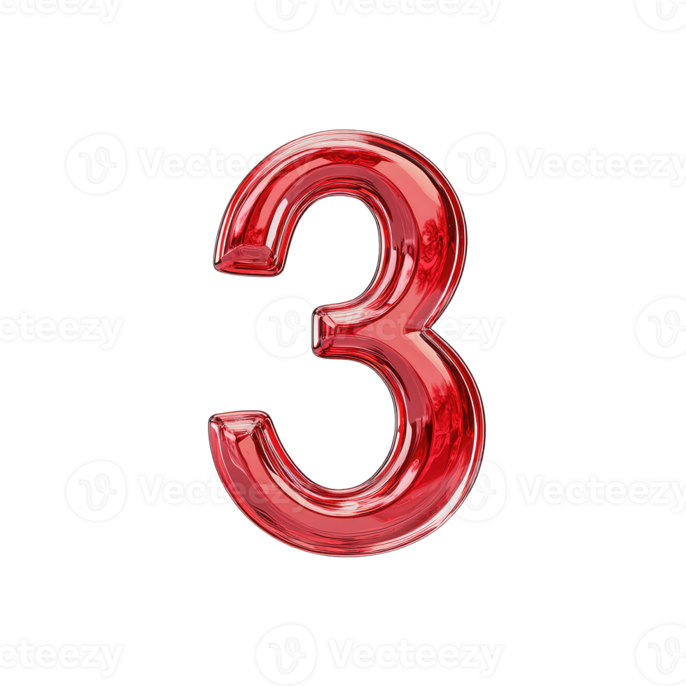 A shiny red number three with a glossy finish against a solid in a studio shot png