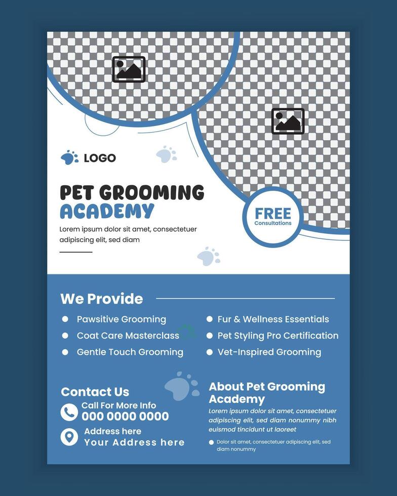 Pet care training academy poster and flyer design template, or pet business flyer design, pet adoption event A4 size flyer design template vector