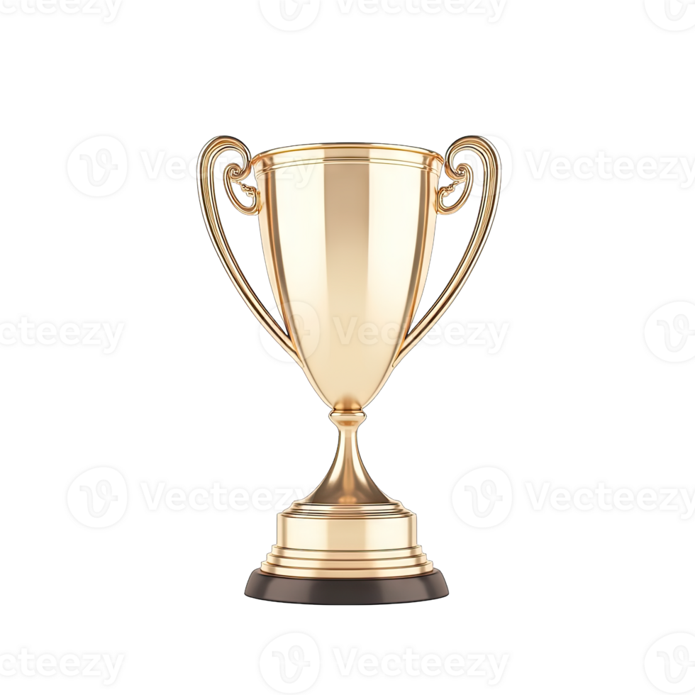 A golden trophy with ornate handles displayed against a stark in a studio shot png