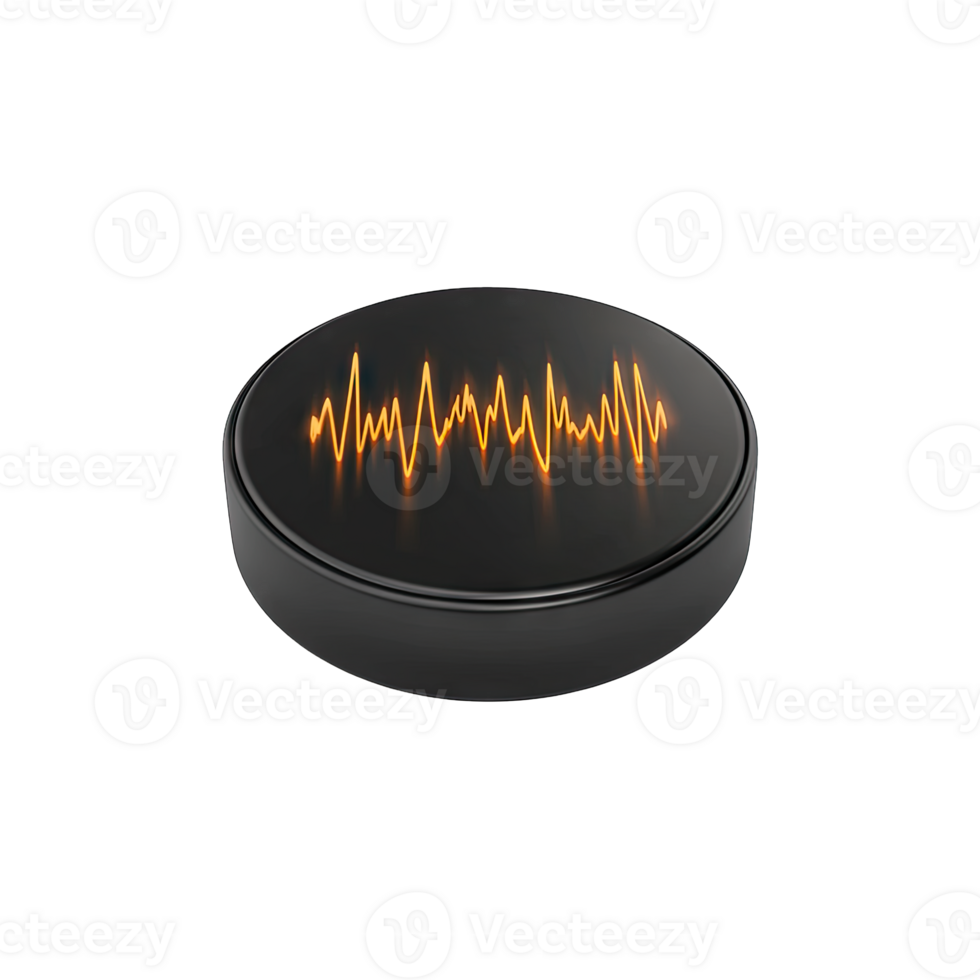 Black round device with an orange waveform display against a dark studio shot png