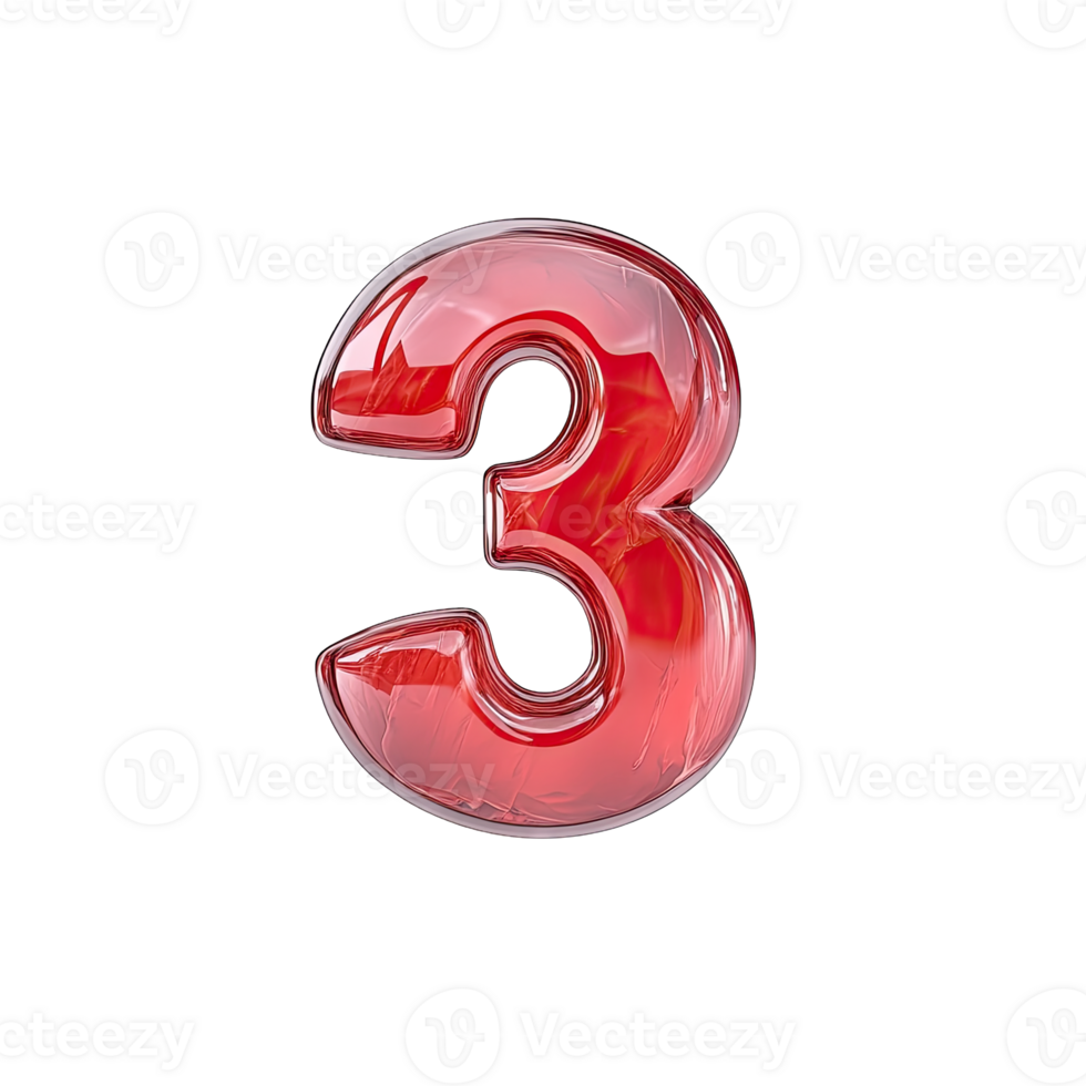 A shiny red number three with a glassy texture isolated against a in high definition png