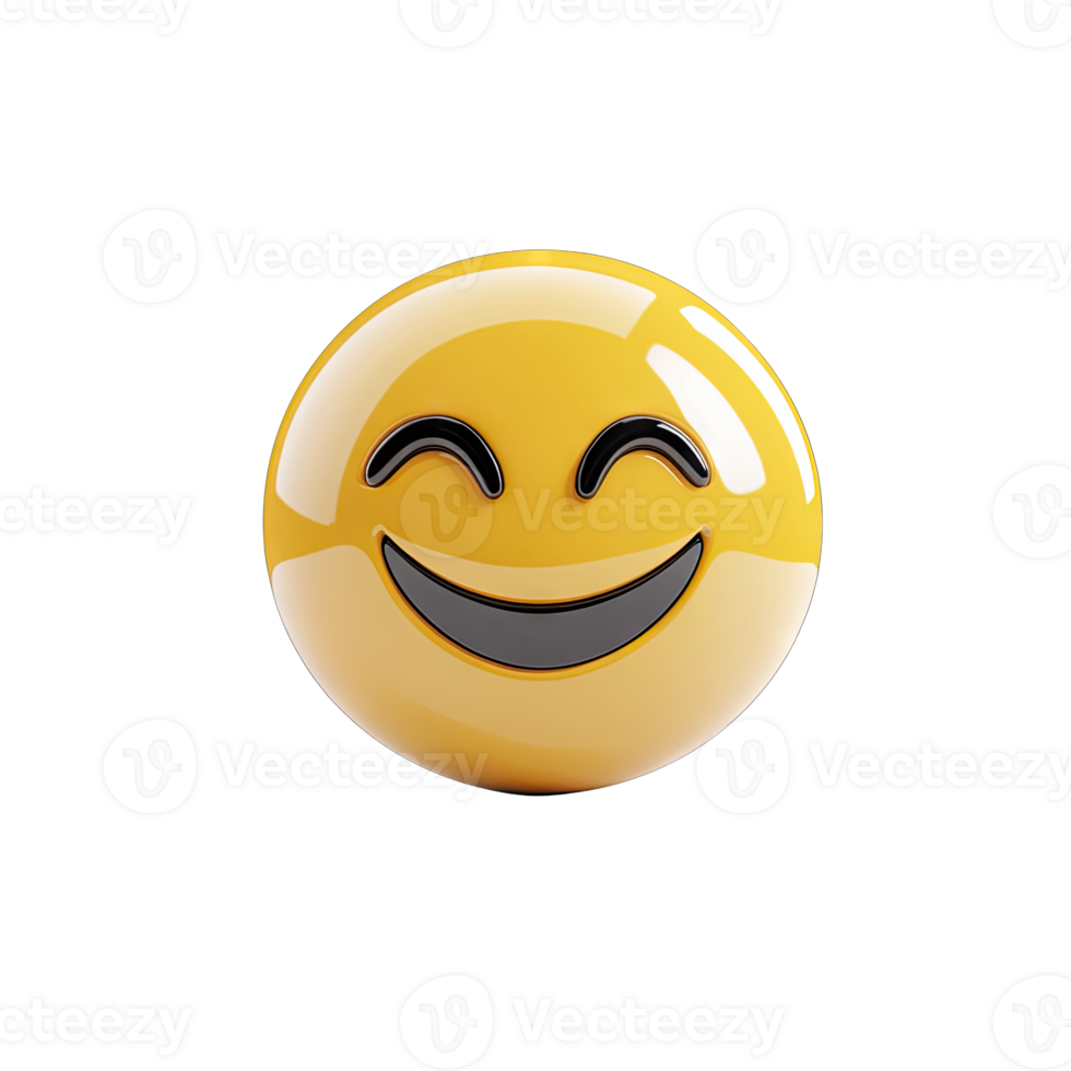 A shiny yellow emoji with a closed smile on a in a studio shot rendering png
