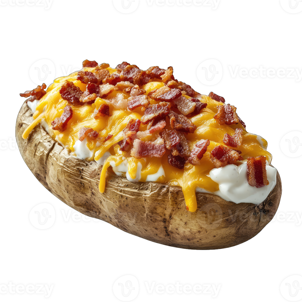 Loaded baked potato with cheese bacon and sour cream delicious food photography close up studio shot isolated png