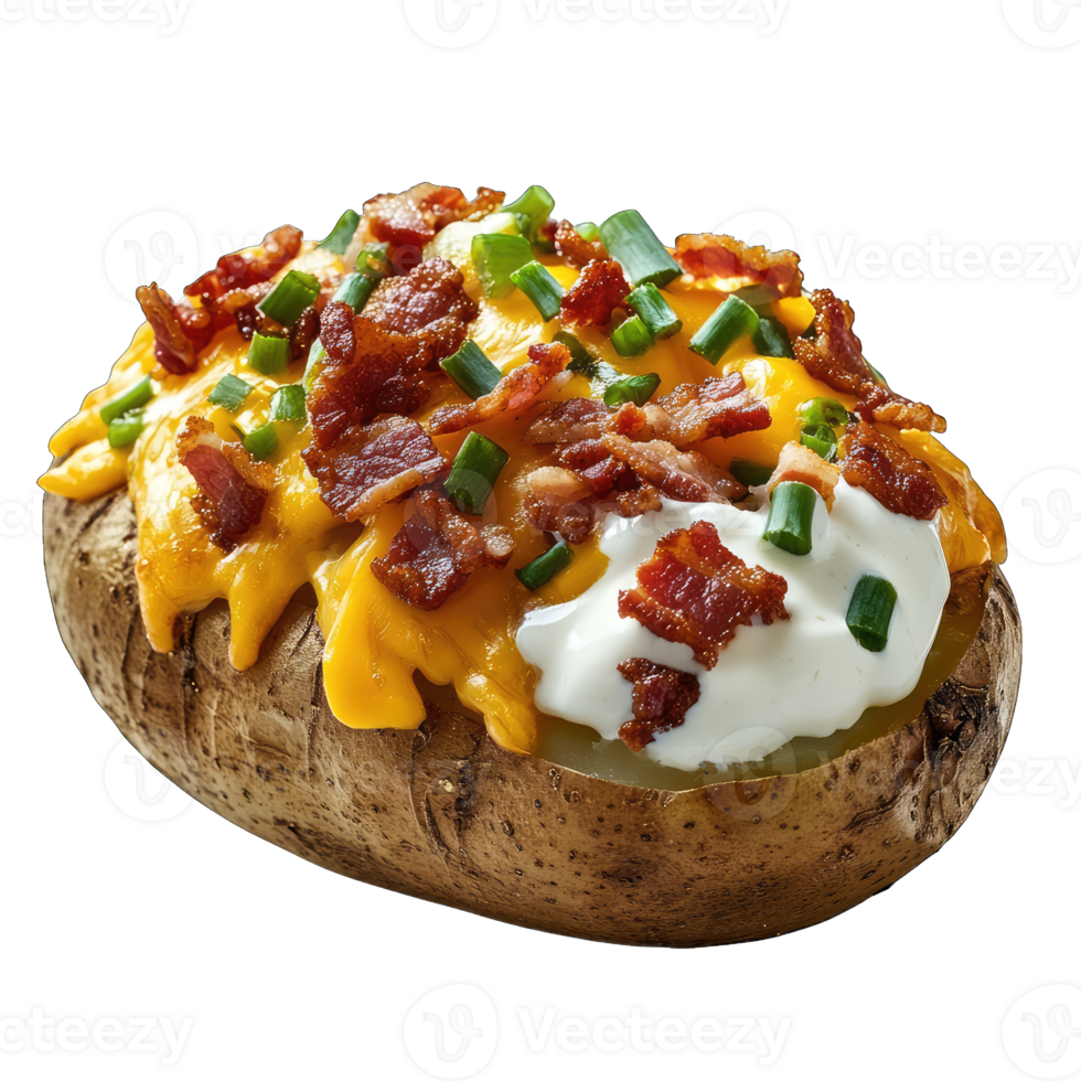 Loaded baked potato with cheese bacon and sour cream delicious food photography isolated on png