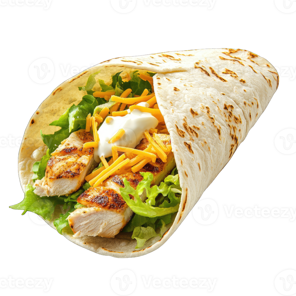 Delicious chicken wrap with cheese lettuce and sour cream isolated on close up shot png