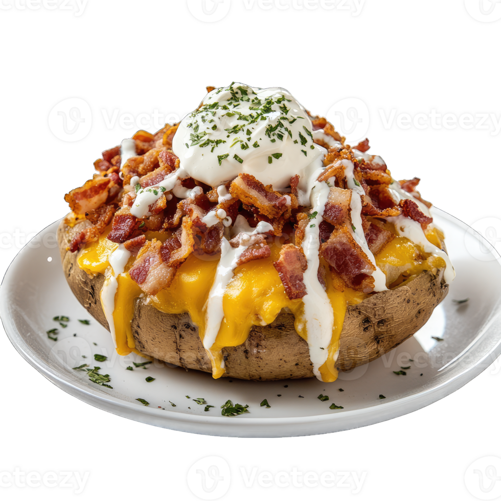 Loaded baked potato with cheese bacon sour cream and chives on a white plate against png