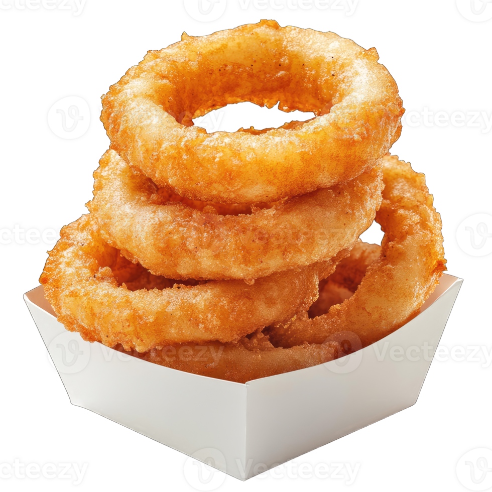 Crispy onion rings stacked in white carton container on food photography close up shot png