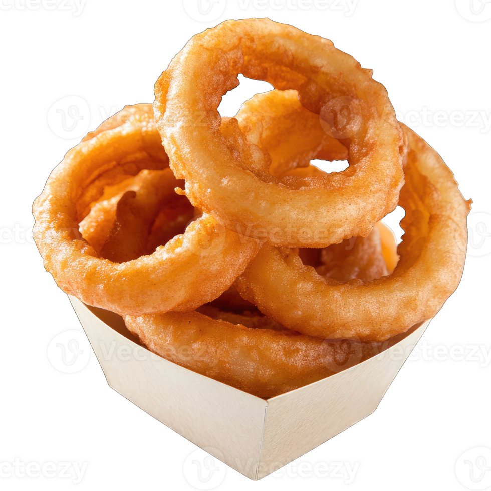 Golden crispy onion rings appetizer in a container perfect for a fast food restaurant menu item shot png