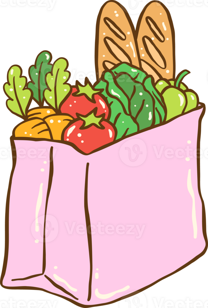 Illustration of Pink Grocery Bag Filled with Fresh Produce, Pastel Farmer Market png