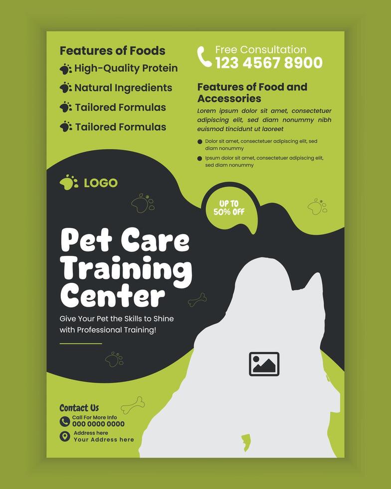Pet care training center poster and flyer design template, or pet business flyer design, pet adoption event a4 size flyer design template vector