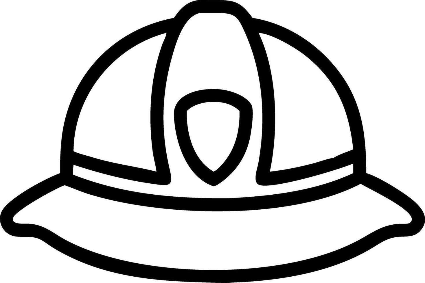 Outline drawing of a firefighter helmet with a brim and a shield emblem on the front center area vector