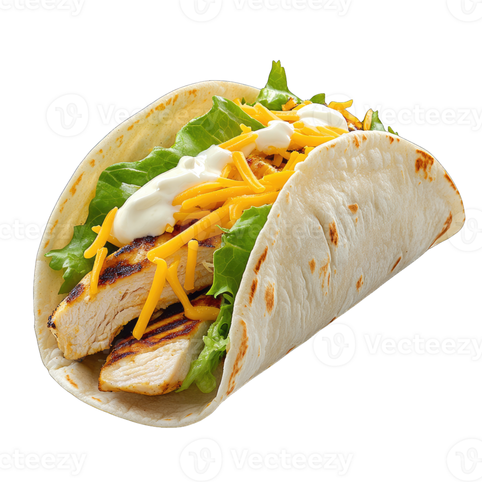 Chicken taco with cheese lettuce and sour cream delicious mexican food isolated on close up shot png