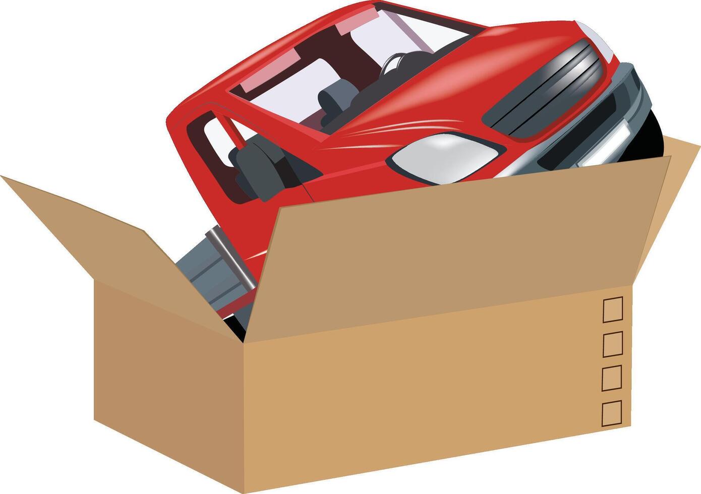 A red truck is sitting in a cardboard box vector