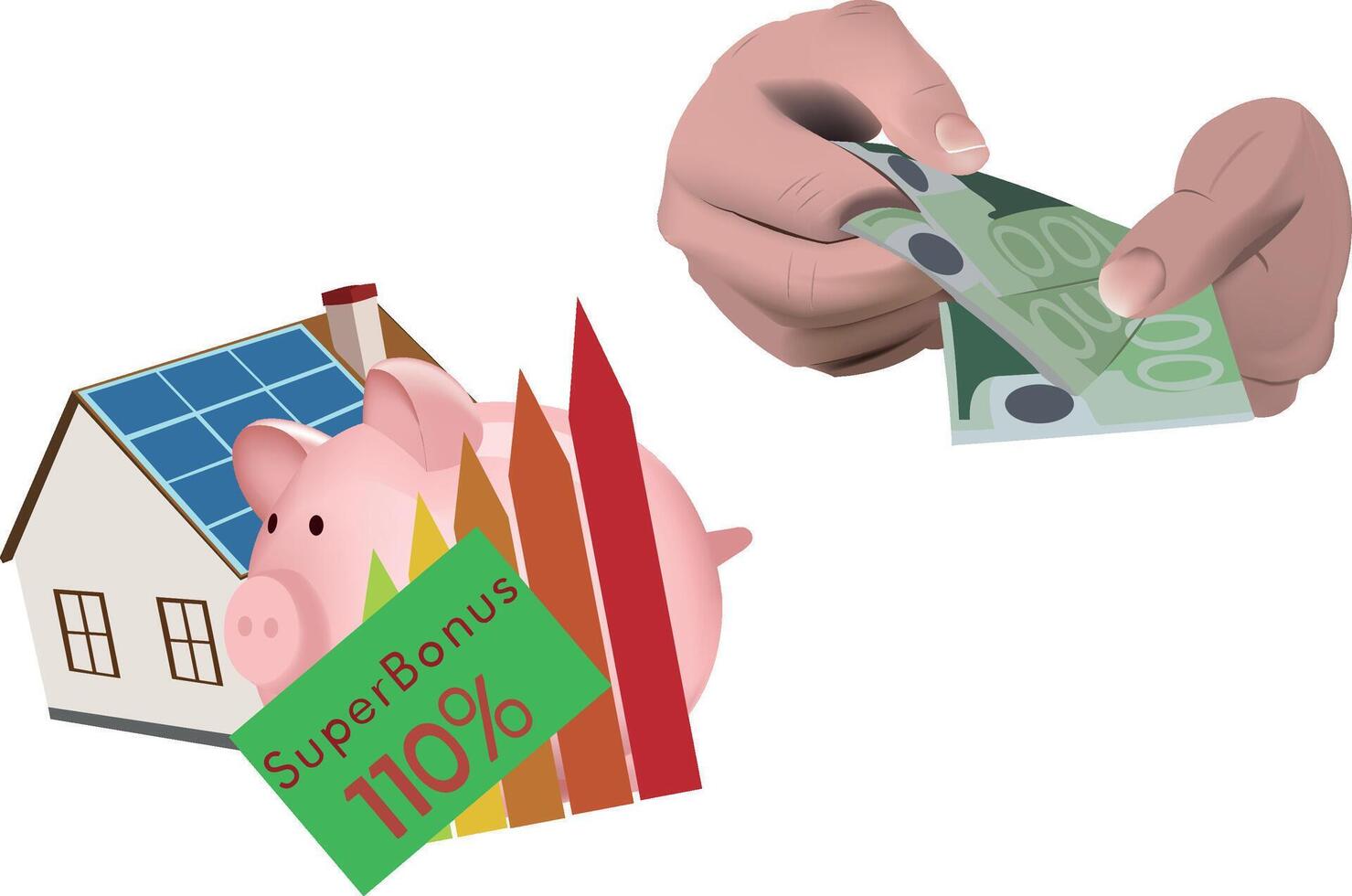 A hand holding a piggy bank and a house with a solar panel vector