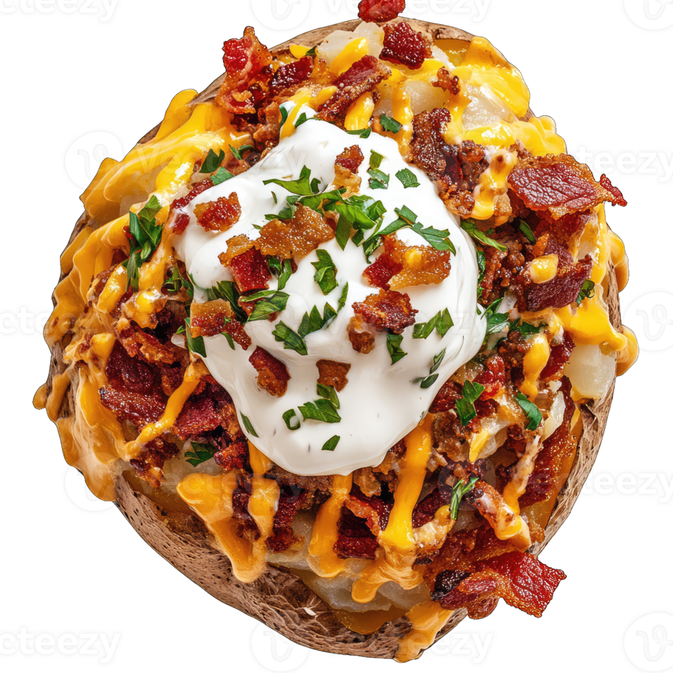 Loaded baked potato with cheddar cheese bacon and sour cream delicious food photography style image png