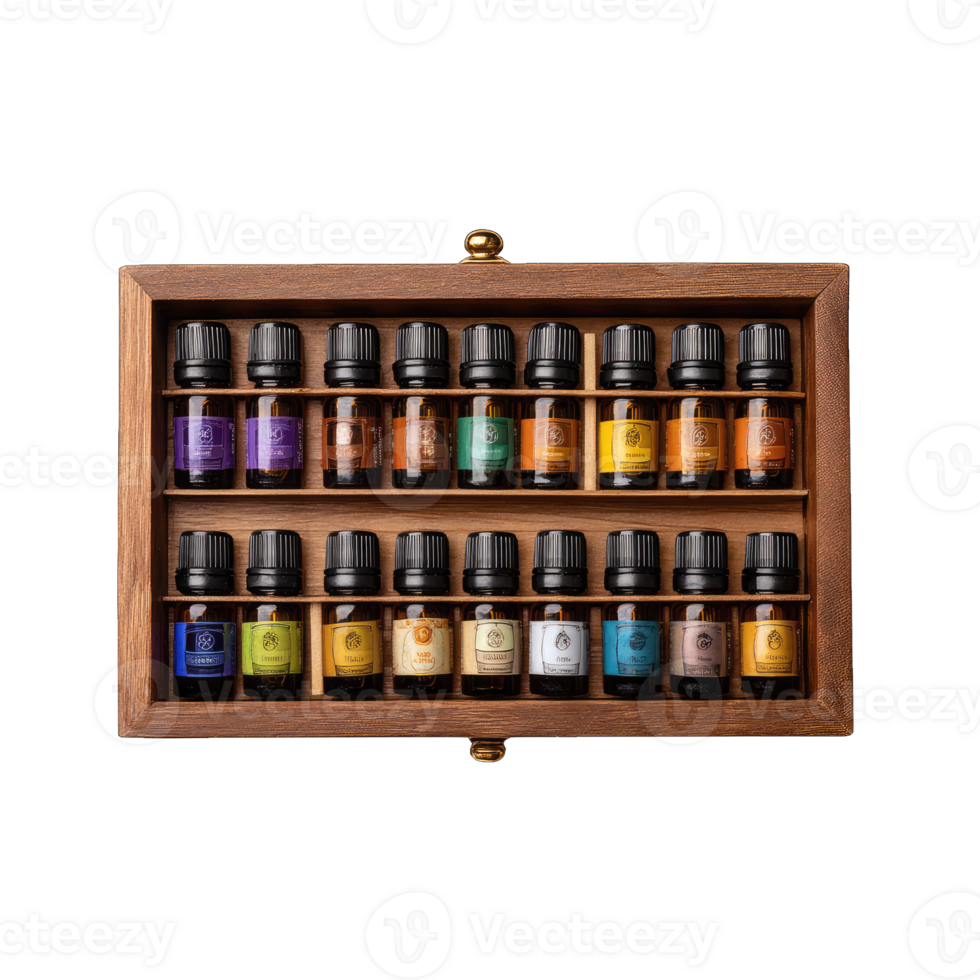 Essential oils collection in wooden box aromatherapy natural remedies wellness products png