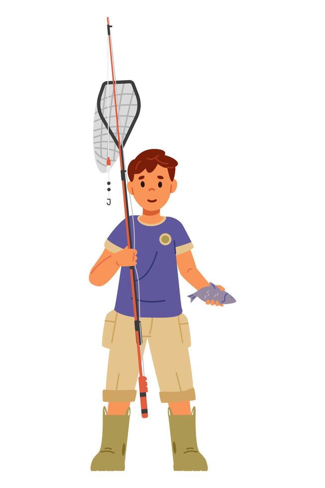 Happy boy in rubber boots after fishing holding a fish, fishing rod and a net flat illustration isolated on white. vector