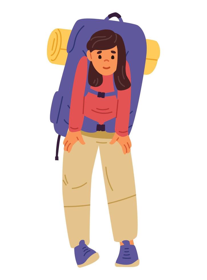 Cute teenage girl standing with backpack flat illustration isolated on white. Hiking and tourism for children. Summer outdoors activities. vector