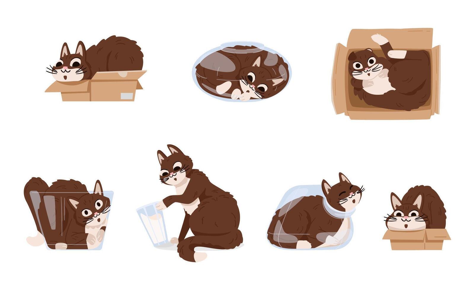 Cute funny cat inside of cardboard boxes and glass jars, pushing glass flat illustrations set isolated on white. vector