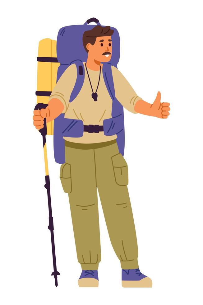 Man tourist with backpack and hiking pole showing thumb up flat illustration isolated on white. vector