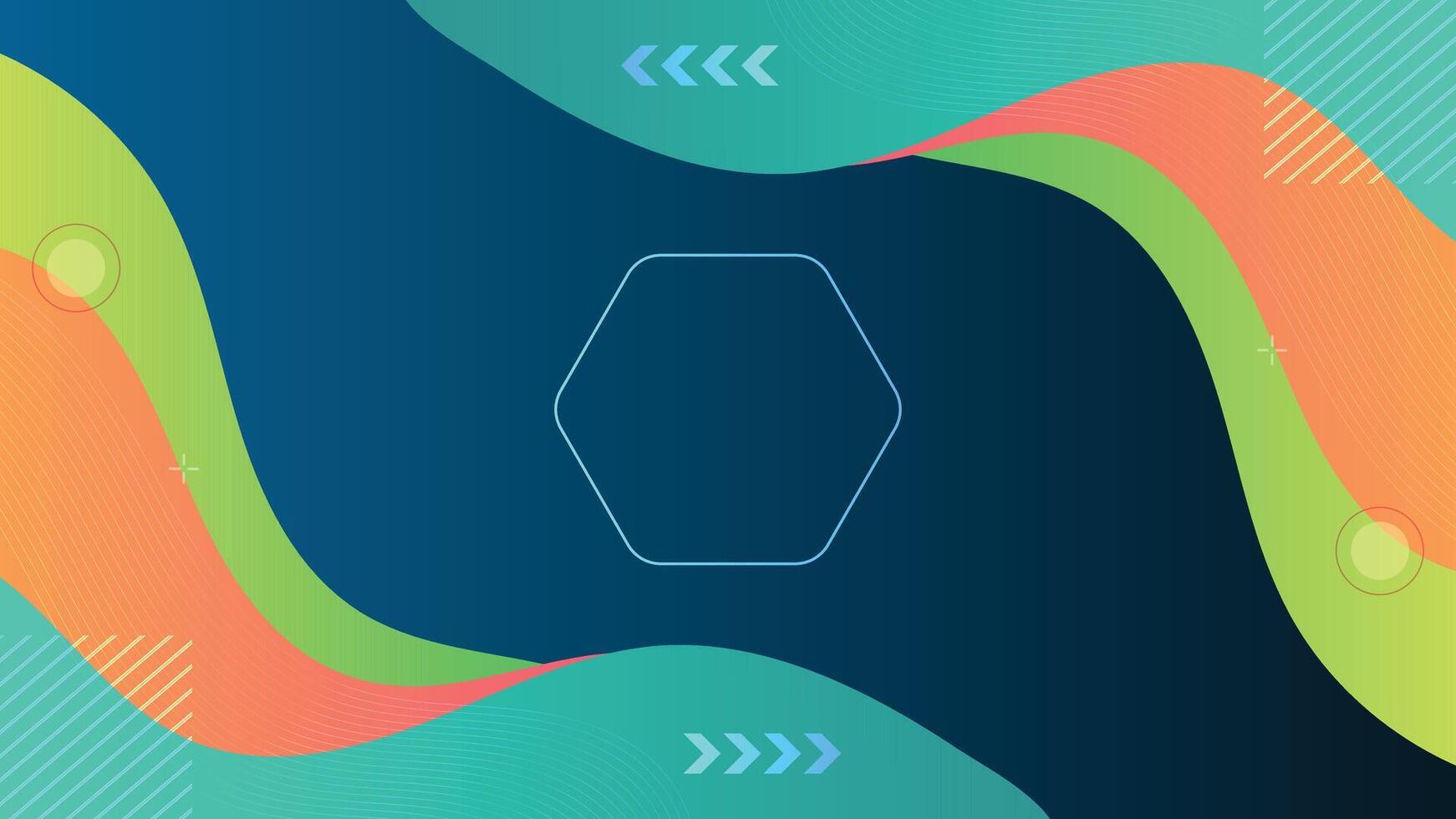 Creative abstract background featuring wavy shapes in green orange and teal with hexagon center vector