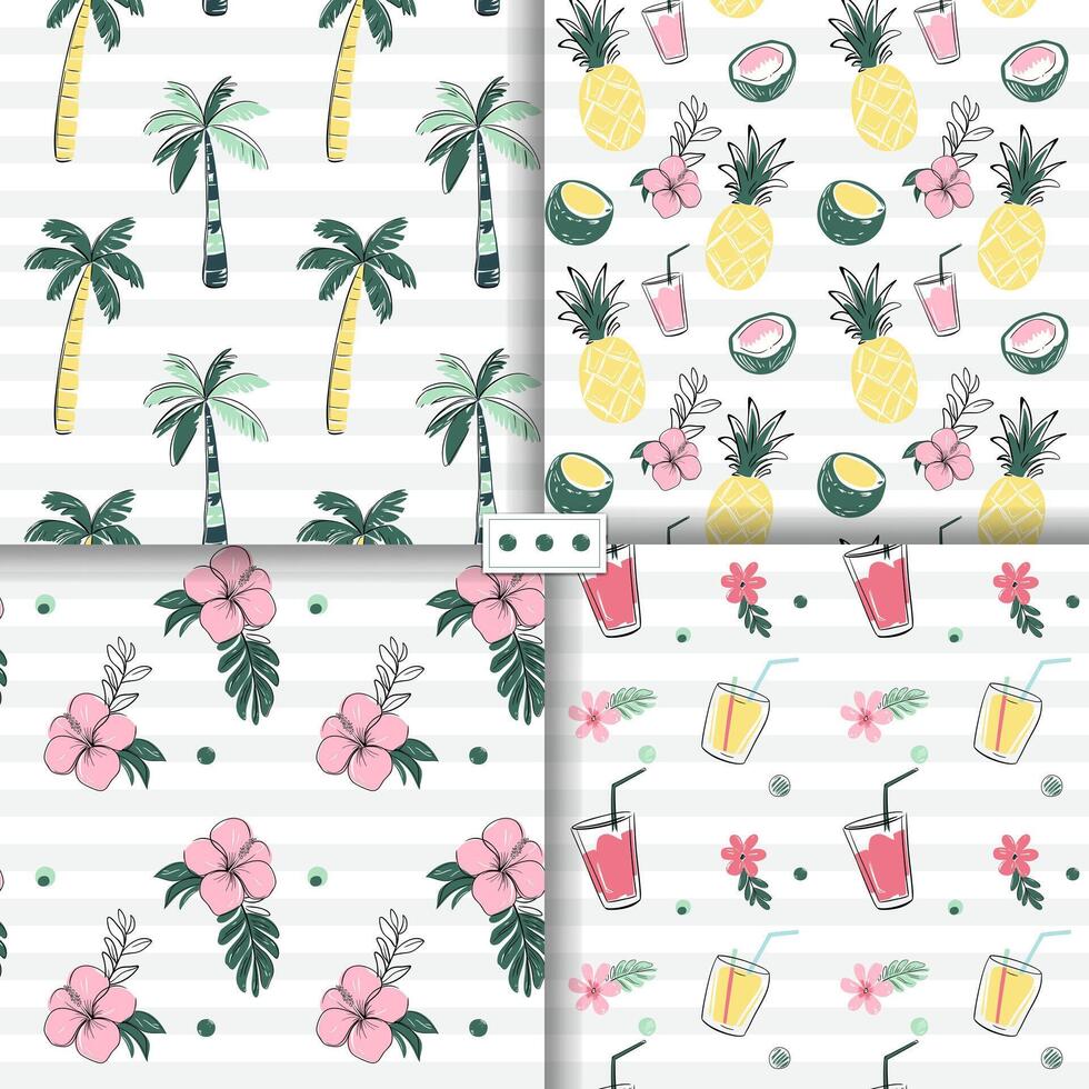 Seamless patterns with tropical flowers, fruits, pineapple, coconut, palm trees. Sketch drawing style. Doodle tropical backckgrounds. vector