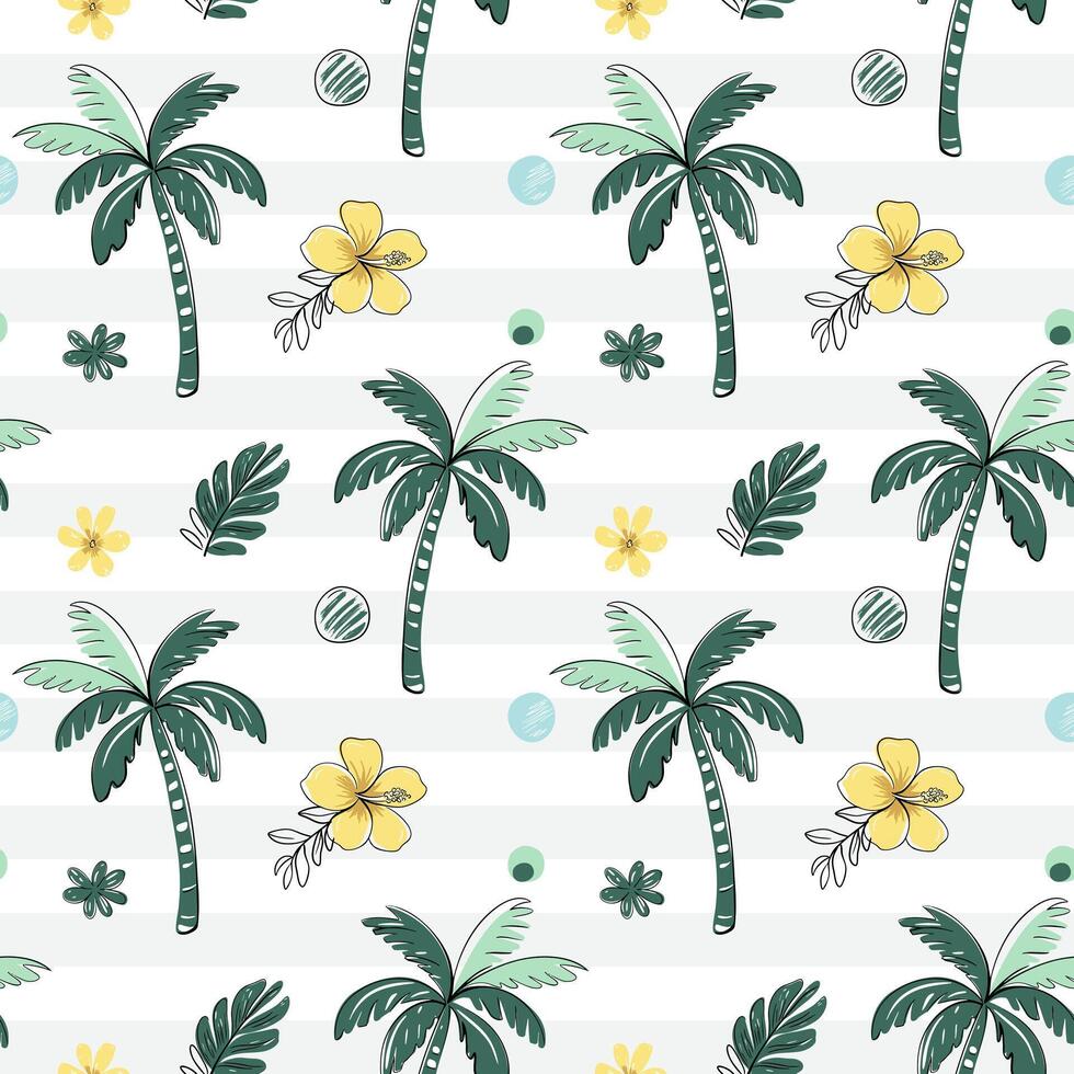 Seamless pattern with yellow tropical flowers and palm trees with black outline. Tropical backckground. Sketch, line art drawing style. vector