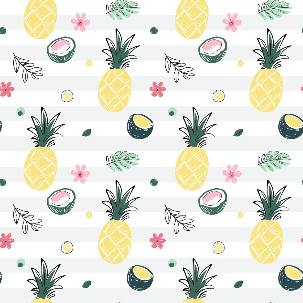 Seamless pattern with tropical fruits, pineapple, coconut. Sketch drawing style. Doodle tropical backckgrounds. vector