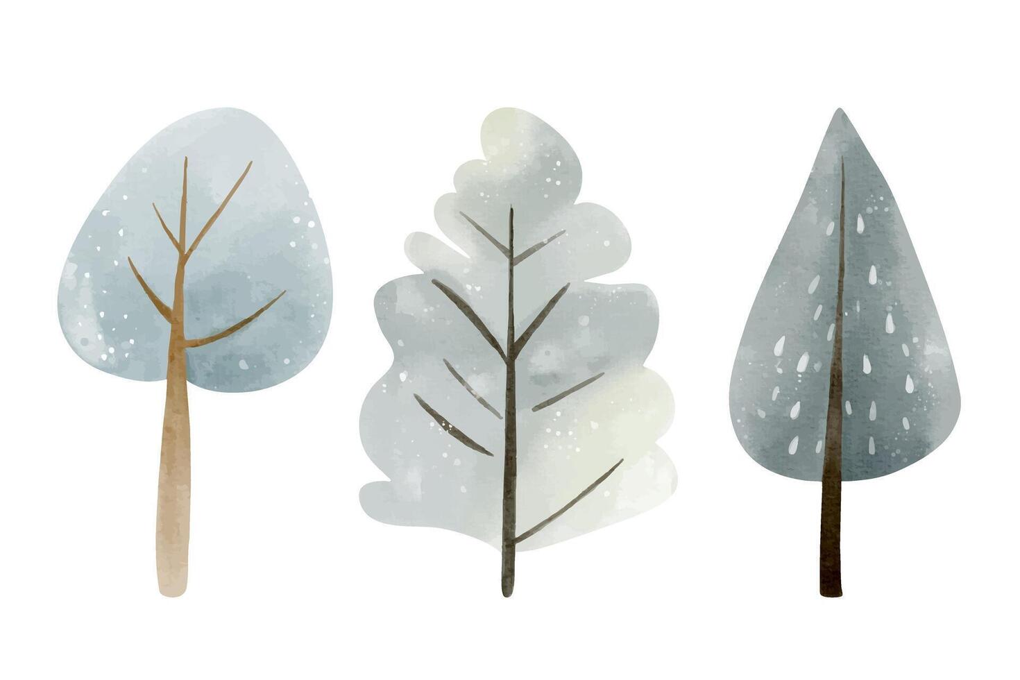 Set of watercolor trees. Cute fairy snowy trees. Wintertime nature. Hand drawn childlike illustration. vector