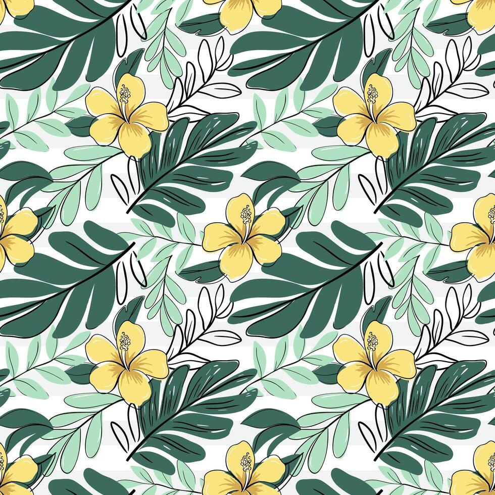 Seamless pattern with tropical leaves and yellow hibiscus with black outline. Exotic flowers backckground. Sketch drawing style. vector