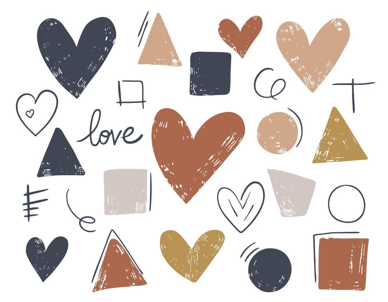 Heart doodles set. Hand drawn hearts and abstract shapes collection. Paint strokes, dirty style. Grunge texture. vector