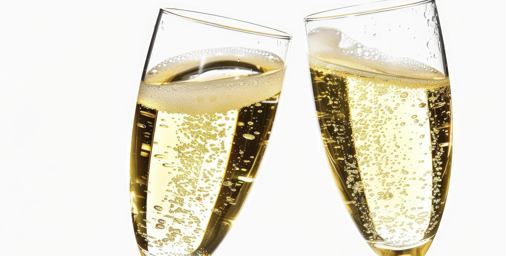 Two champagne flutes are toasting with bubbles photo