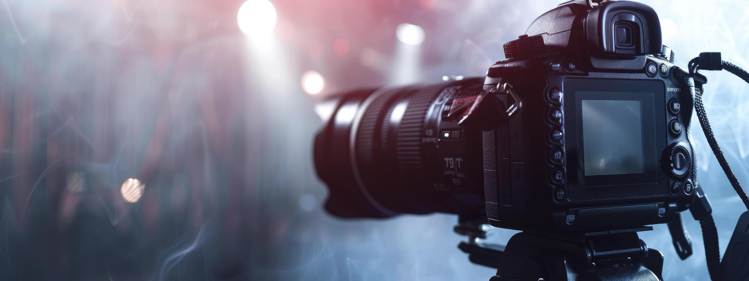 A camera is shown in front of a blurred background photo