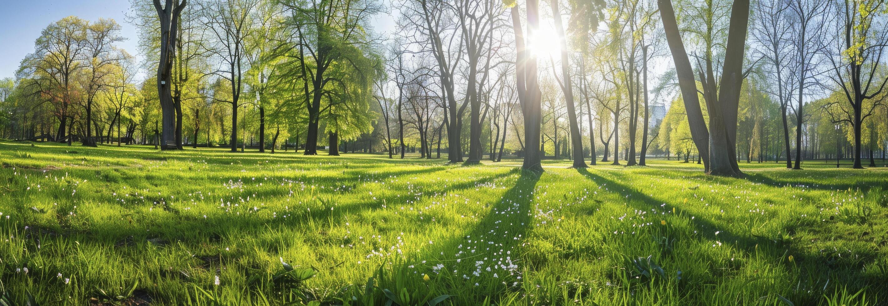 The sun shines through the trees in a green park photo