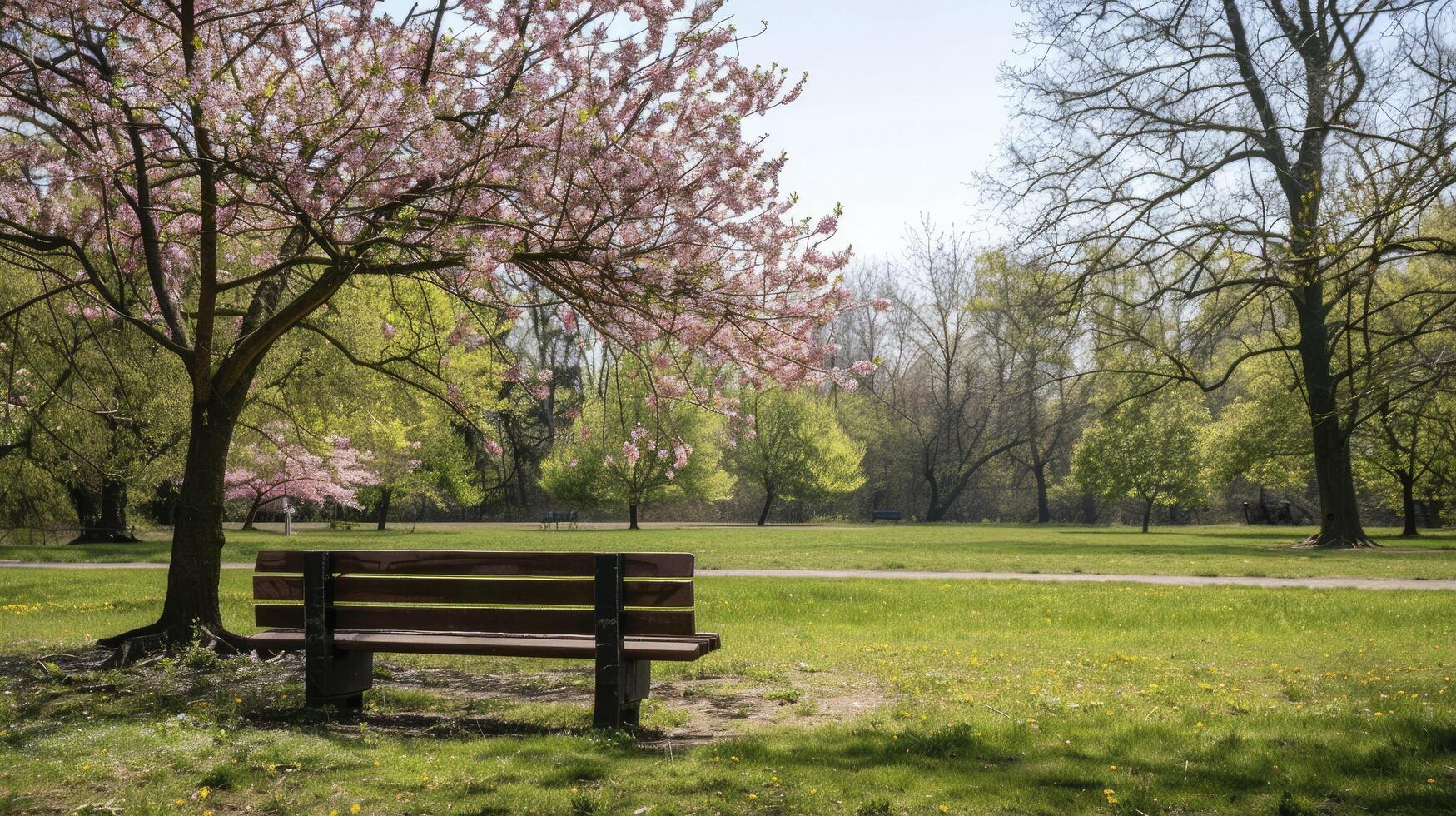 A bench sitting in front of a tree in a park photo
