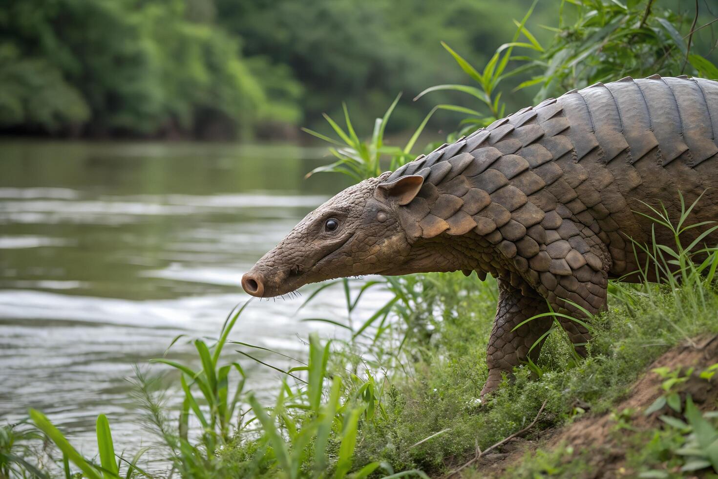 Rare pangolin in the wild, cautiously exploring near a slow-moving river surrounded by dense vegetation photo