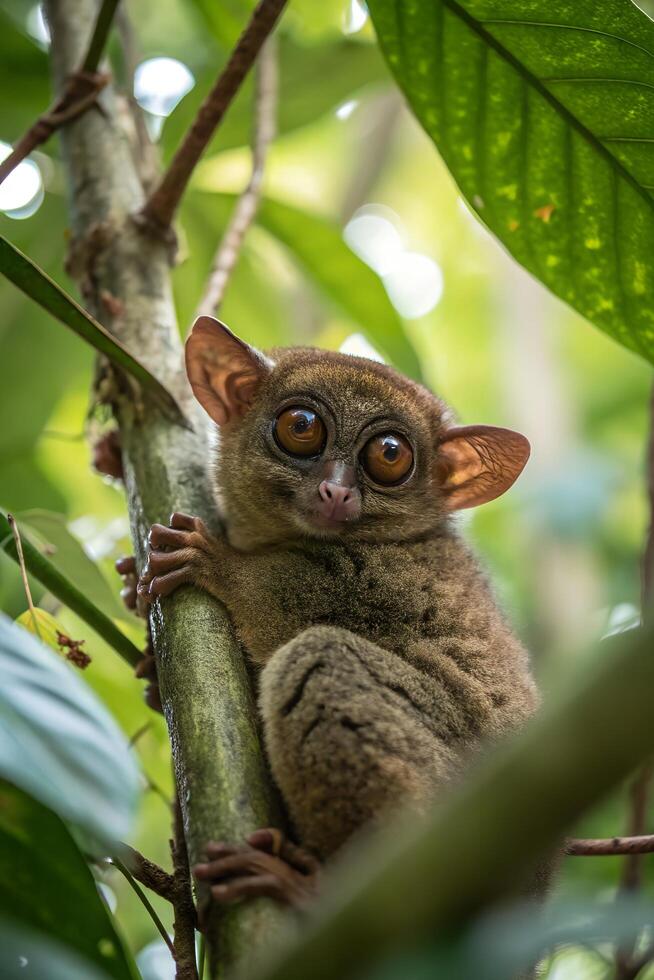 Adorable philippine tarsier with big round eyes clinging to a tree branch in its lush green natural rainforest habitat photo