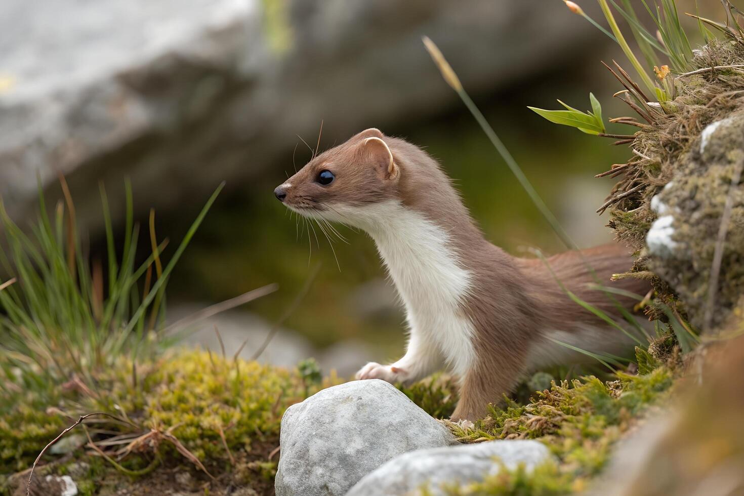 Close-up view of a wild weasel in its natural habitat, showcasing its sleek fur, curious eyes, and agile movements among foliage photo