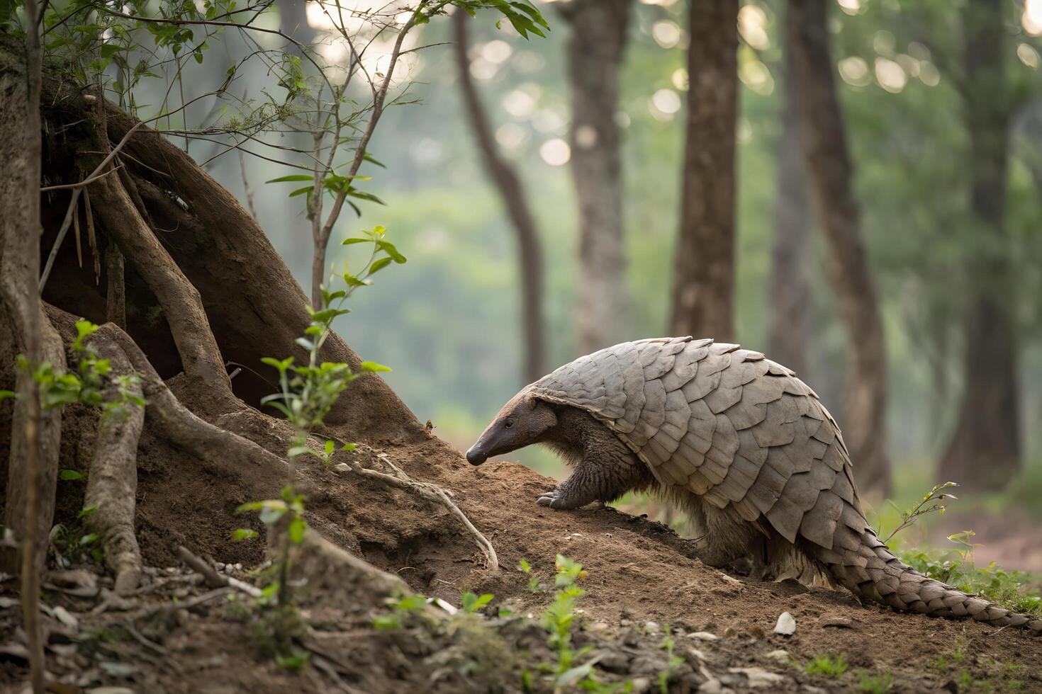 Adorable pangolin curled up among dry leaves in its natural forest habitat, showcasing its unique scales and shy demeanor photo