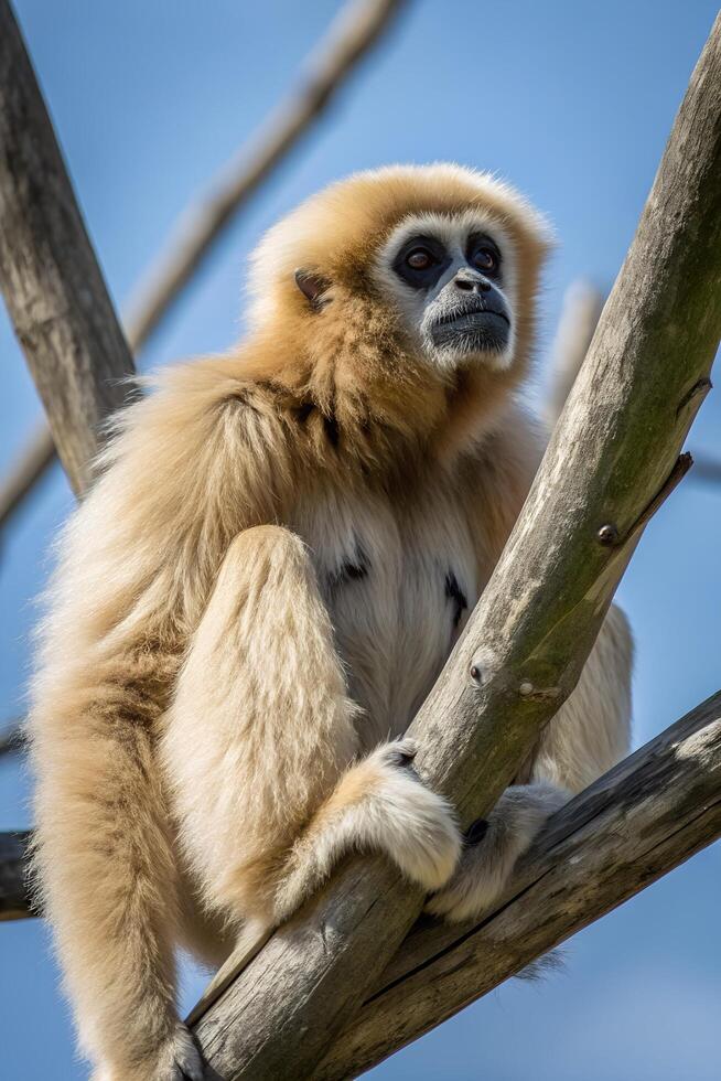 Serene white-handed gibbon perched on a tree branch, gazing thoughtfully at the sky in peaceful solitude photo