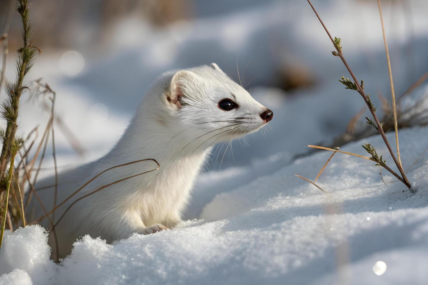 Close-up view of a white ermine in its natural winter habitat, showcasing its pristine fur and curious gaze amidst snowy surroundings photo