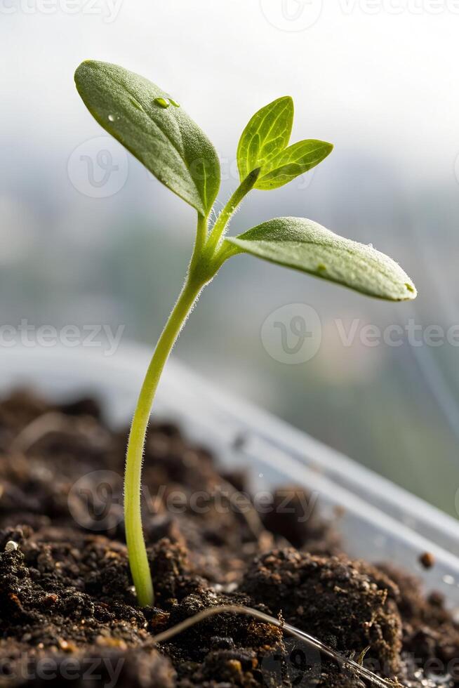 Green sprout emerging from rich soil, symbolizing growth, renewal, and the beauty of nature in a close-up shot photo