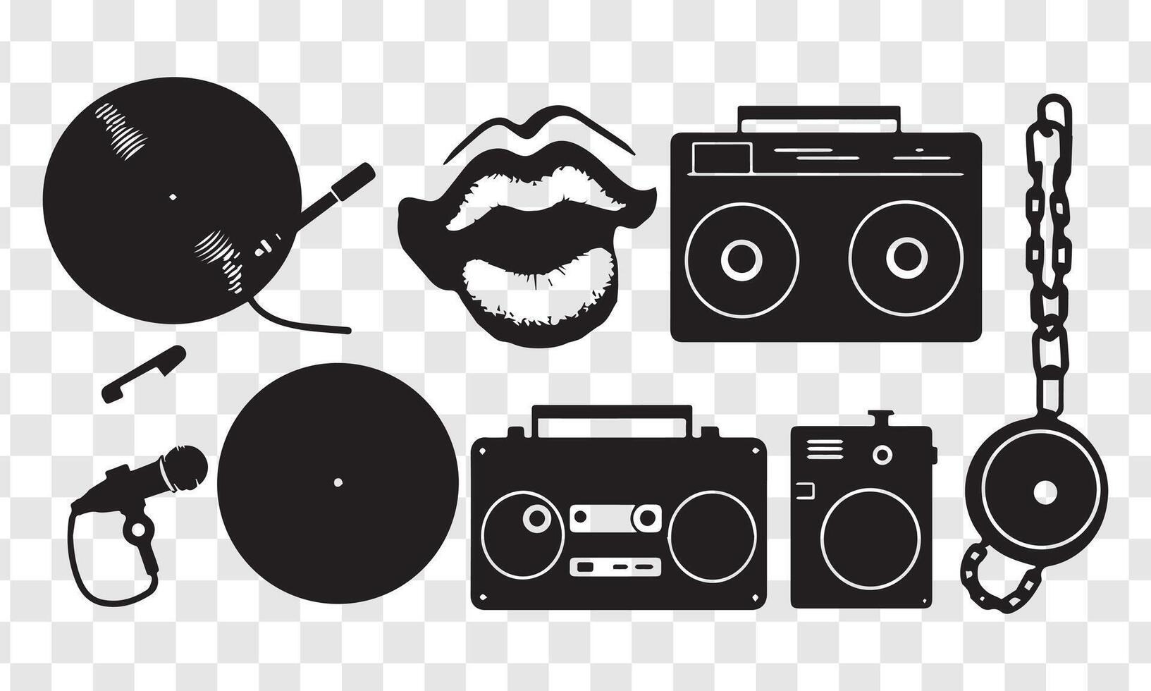 Cool retro music illustration featuring record, cassette, boombox, microphone vector