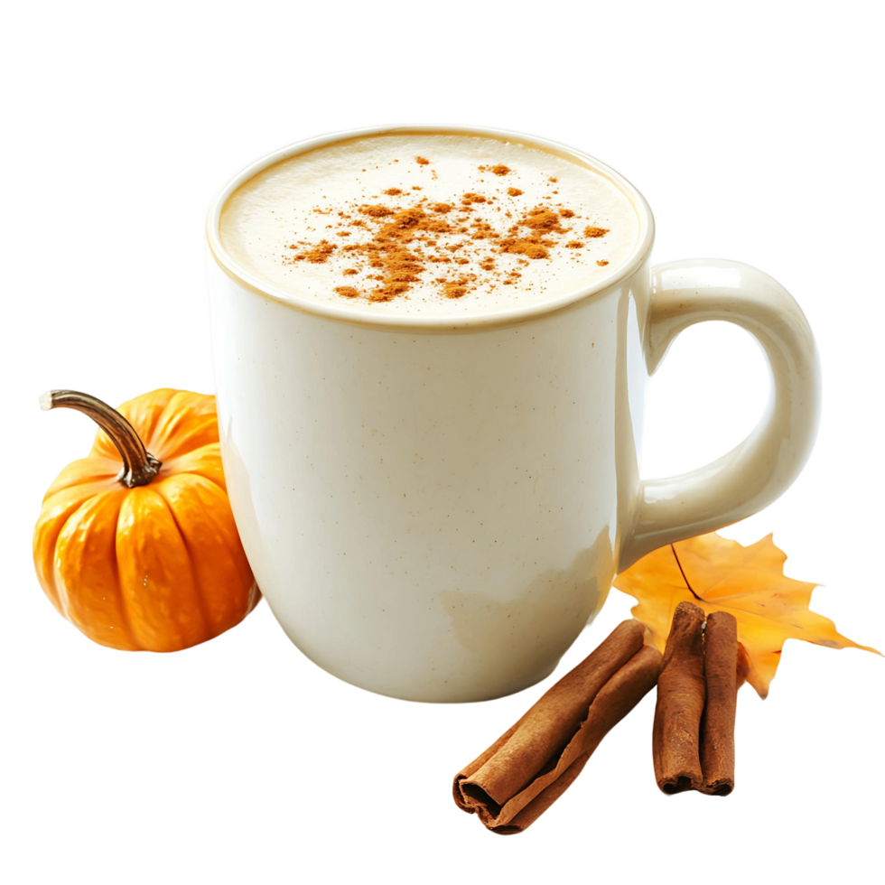 White Mug with Pumpkin and Cinnamon Decor png