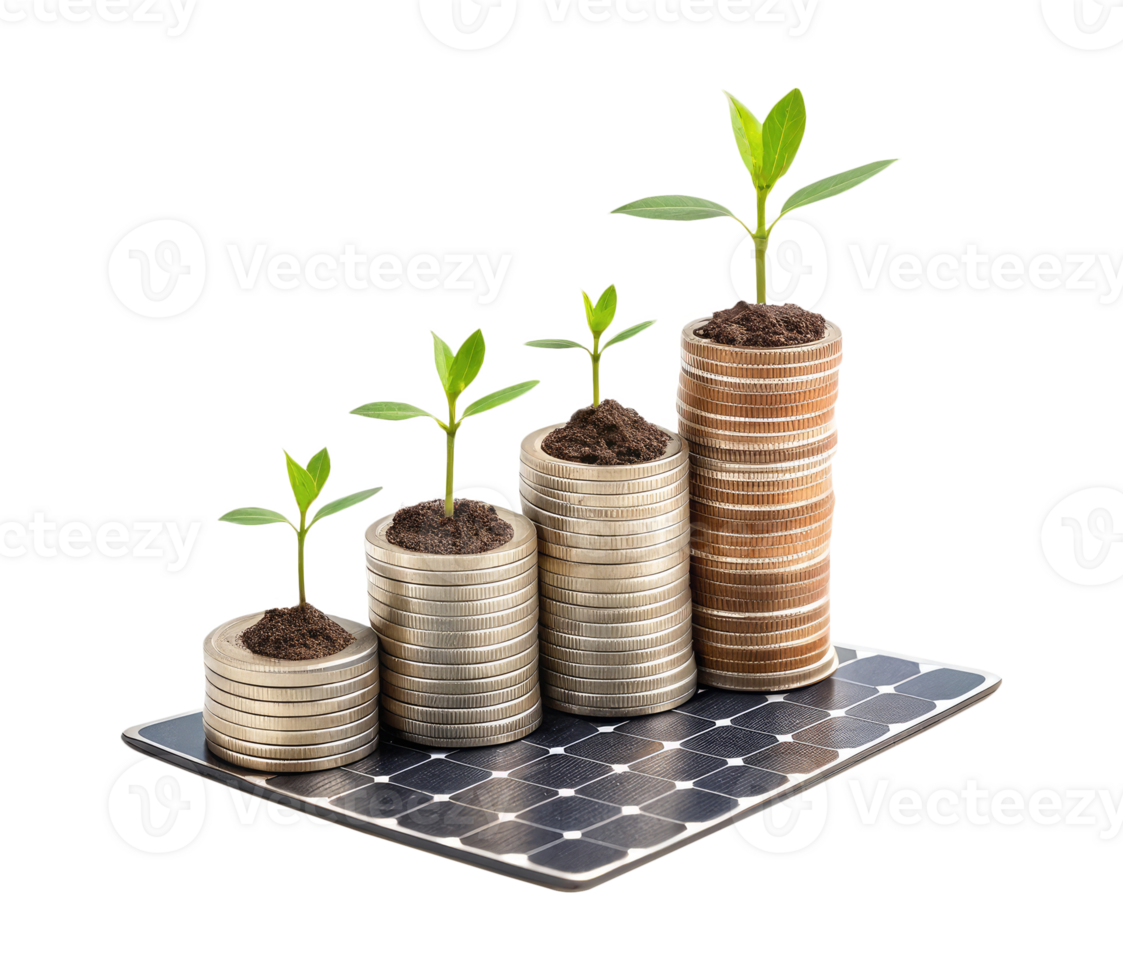 Group of coins on a solar panel with plants growing on it on a transparent background renewable energy concept png