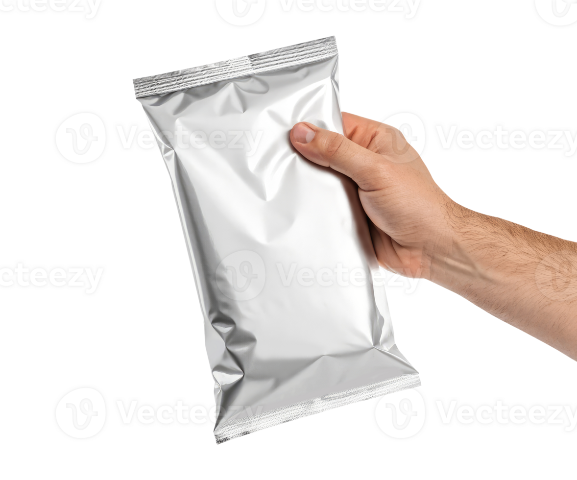 A male hand holding a White blank Foil Food Snack on a transparent background food design concept png