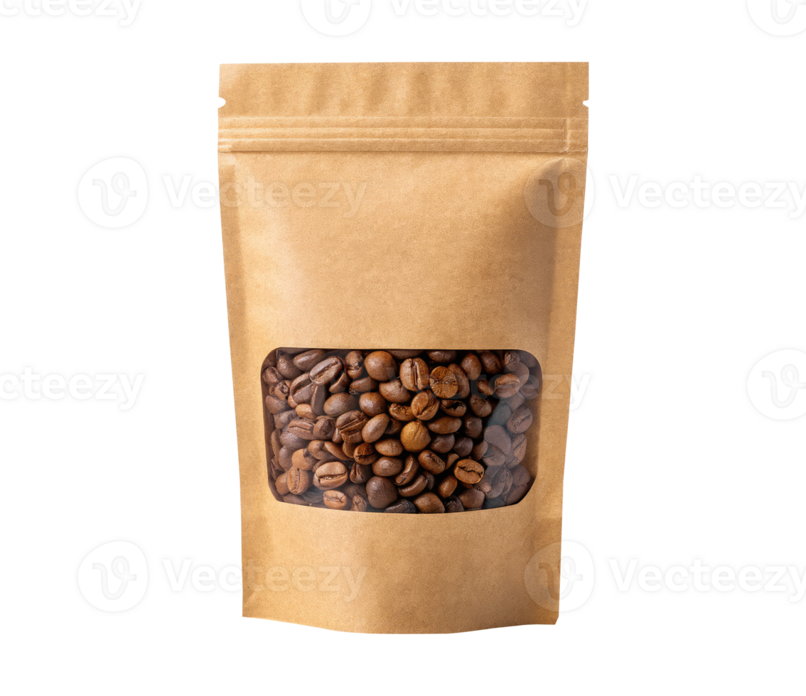Brown kraft Stand Up Pouch Packaging with coffee beans in transparent window on a transparent background drinks design png