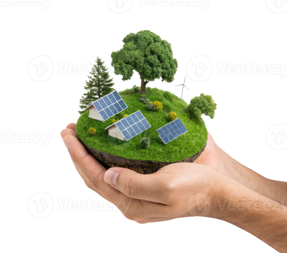A green land with solar panels in a man hand on a transparent background renewable energy concept png