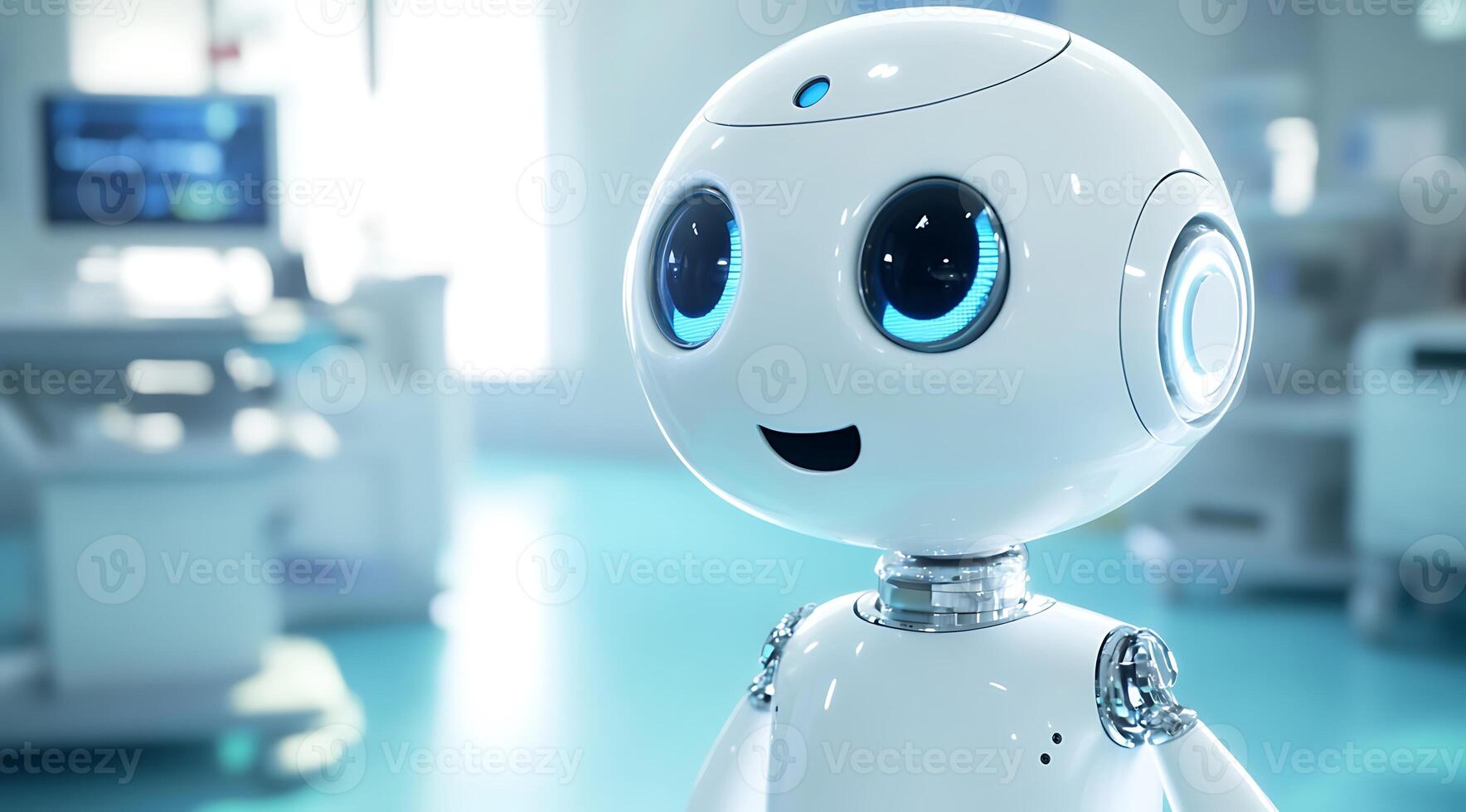 Friendly Robot in a Medical Setting Close-up of a cute AI assistant with a cheerful expression. photo