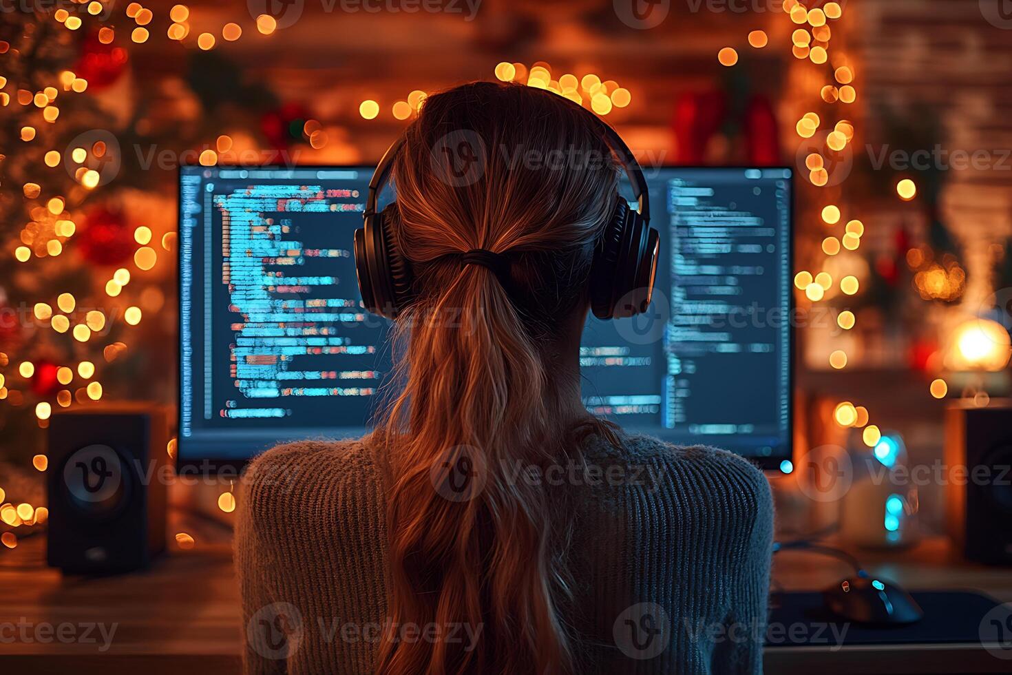 fiesta codificación un mujer trabajos a un computadora mostrando código con Navidad luces en el antecedentes. foto